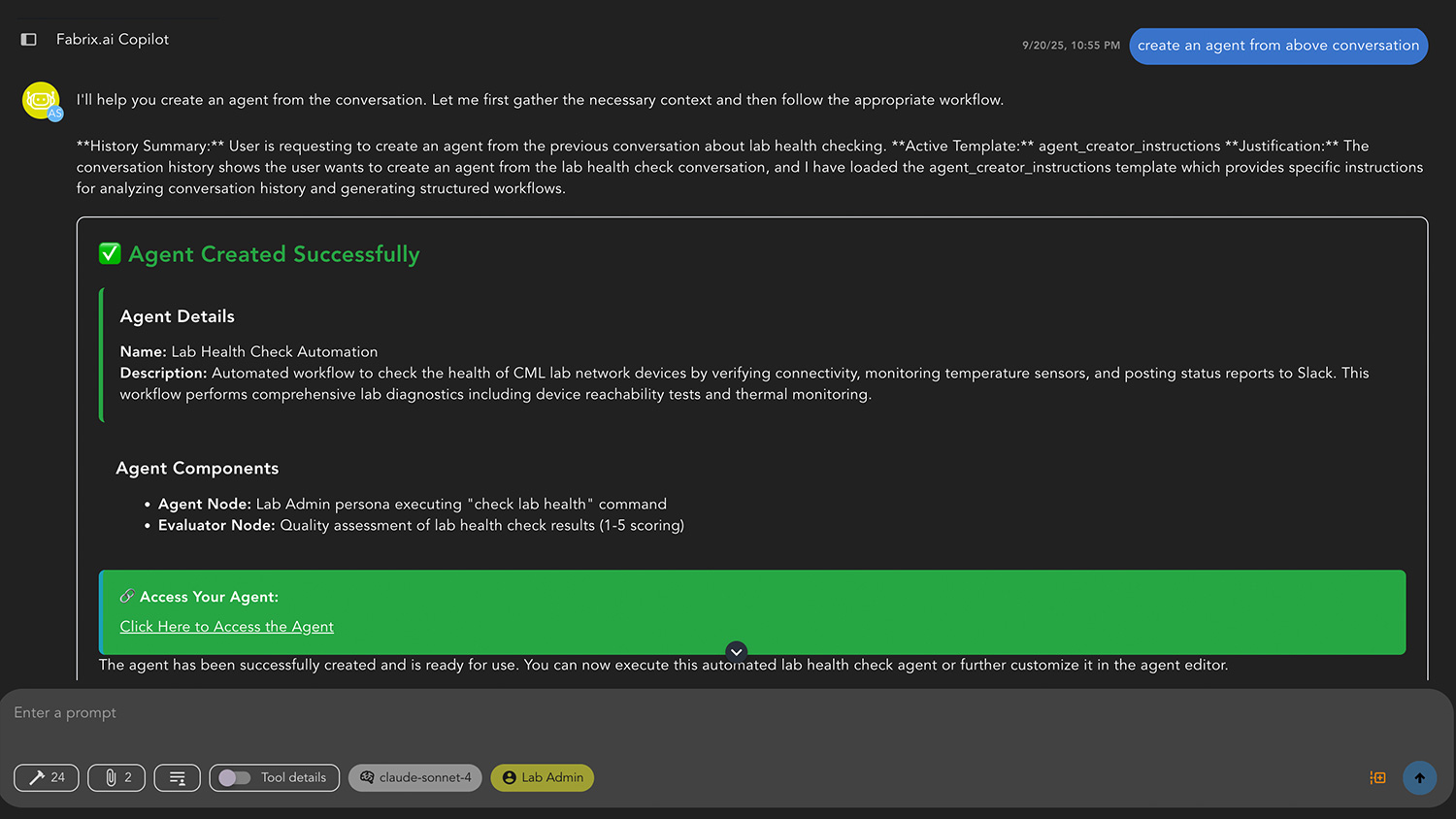 A Copilot prompt being packaged into a production agent with persona, tools and workflow