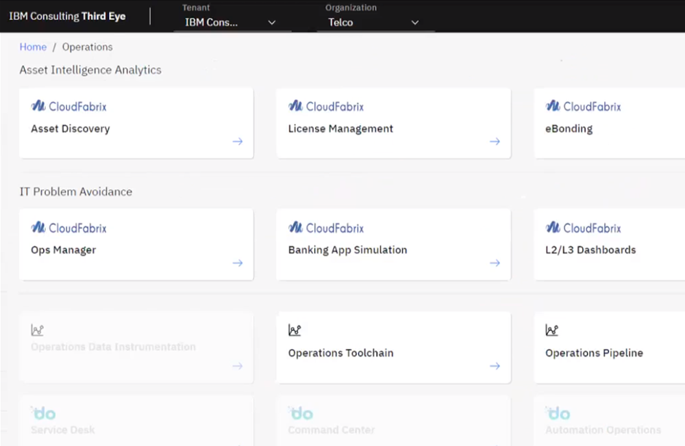 IBM Consulting Third Eye operations view with Fabrix.ai Ops Manager, Banking App Simulation and L2/L3 dashboards