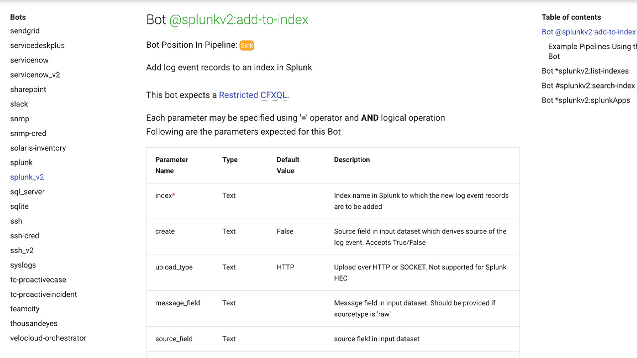 Fabrix.ai Data Bot Library showing the bot catalog and the parameters of a Splunk add-to-index bot